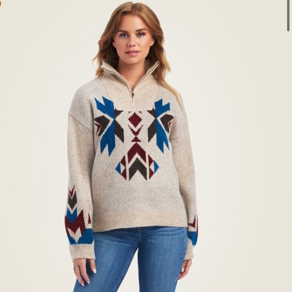 Ariat Sweaters - Ariat Beige Sweater with Blue and Red Accents